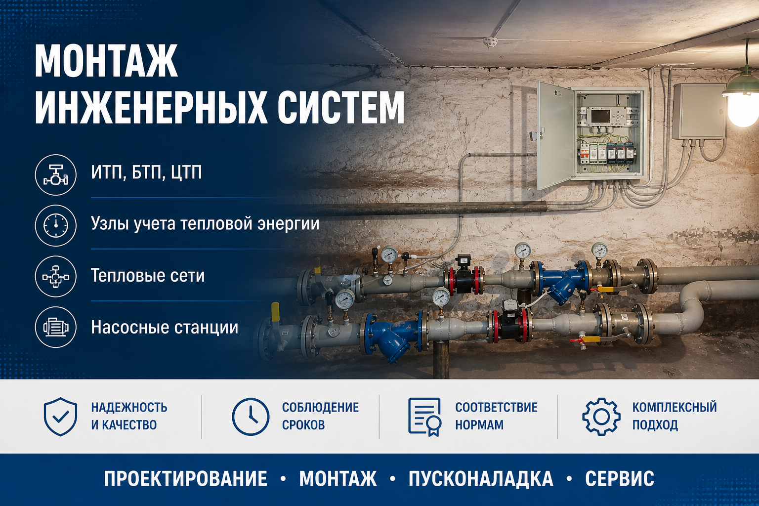 Монтаж инженерных систем: ИТП, БТП, ЦТП, узлы учета тепловой энергии, тепловые сети, насосные станции